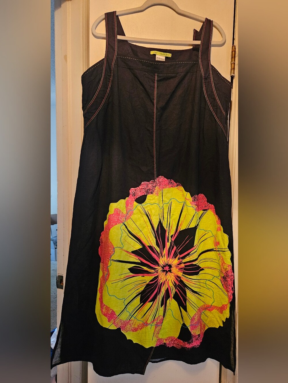 Alain Weiz Plus Size 22 Linen Blend Black Floral Art to Wear Midi Dress